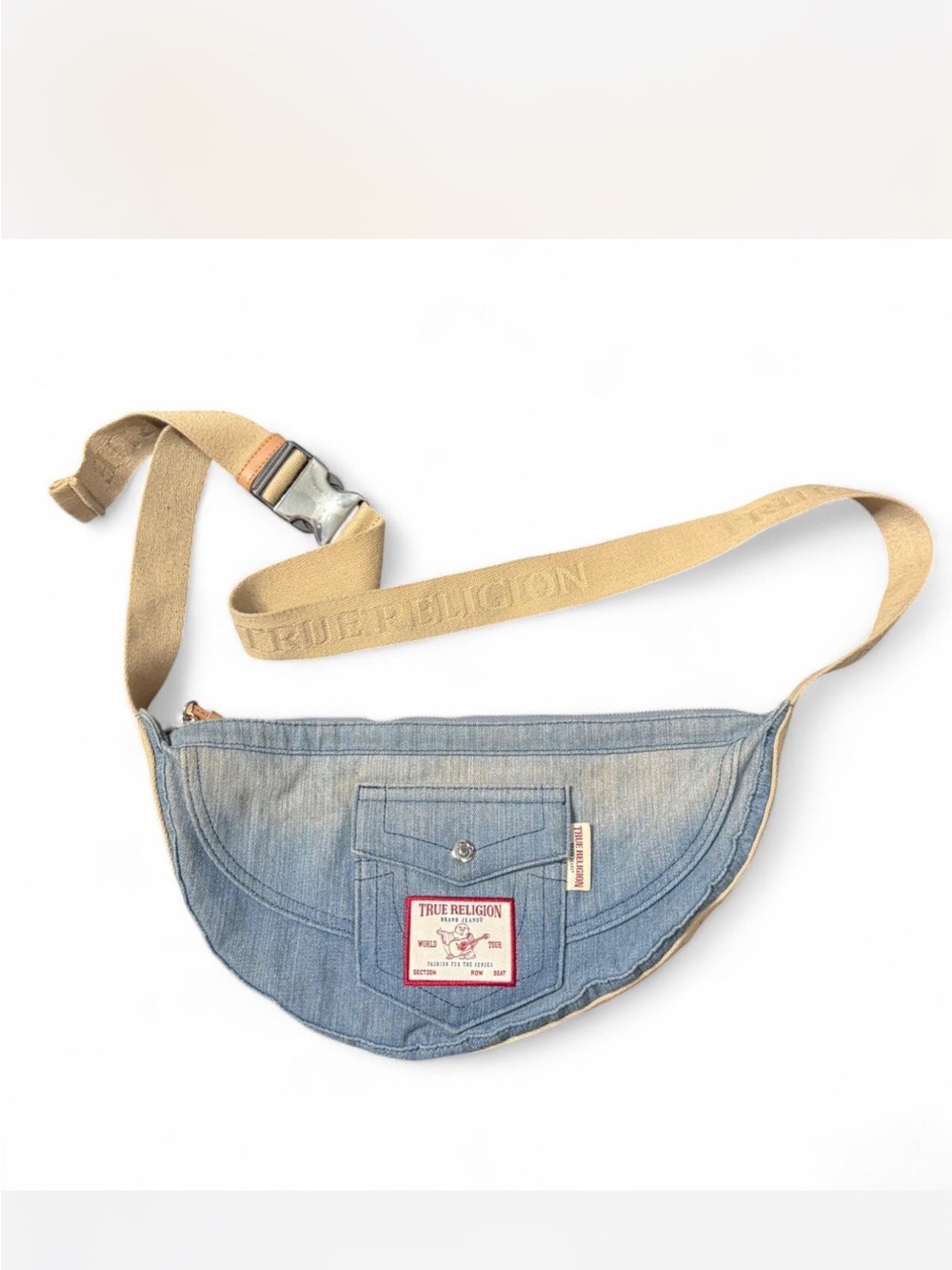 True Religion Light Blue Denim Belt Bag with Khaki Strap